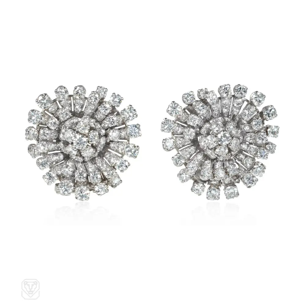 Ladies chic earrings-1950s diamond and platinum flower swirl earrings