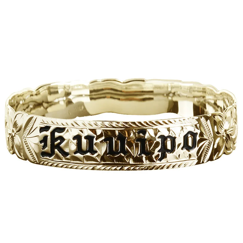 Ladies personalized bracelets-14K Gold Custom-Made Plumeria King Scroll Black Enamel Letter Cut Out Bangle (Thickness 1.25mm)