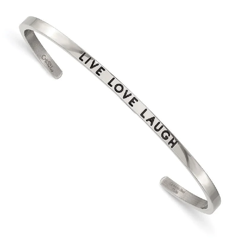 Ladies custom bangle bracelets-Stainless Steel Polished Enamel/Crystal LIVE LOVE LAUGH 3mm Cuff Bangle