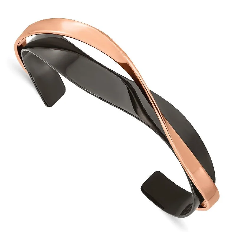 Ladies thin bracelets-Stainless Steel Polished Black/Rose IP-plated Layered & Twisted Bangle