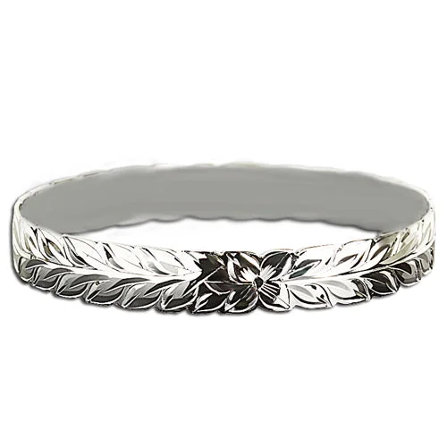 Ladies crystal bracelets-Sterling Silver Custom-Made Maile Leaf Bangle Cut Out Edge Bangle (Heavy 1.75)