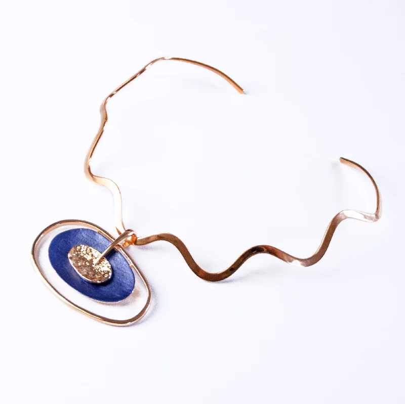 Ladies engraved pendant necklaces-Boho Style Double Oval Necklace, Rose Gold & Blue