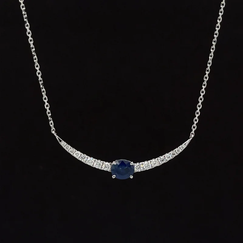 Ladies spiral design necklaces-Vintage Oval Sapphire & Diamond 0.99ctw Chevron Necklace in 18k White Gold - #321 - NLSAP014780