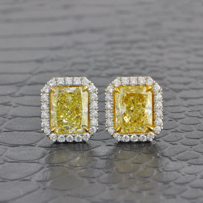 Ladies romantic earrings-Statement Fancy Yellow Radiant Cut Diamond Stud Earrings in Platinum and 18k Gold