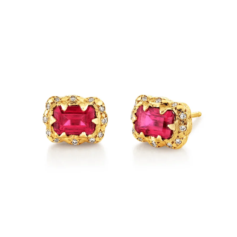 Ladies gold dangle earrings-Micro Queen Emerald Cut Ruby Earrings with Sprinkled Diamonds