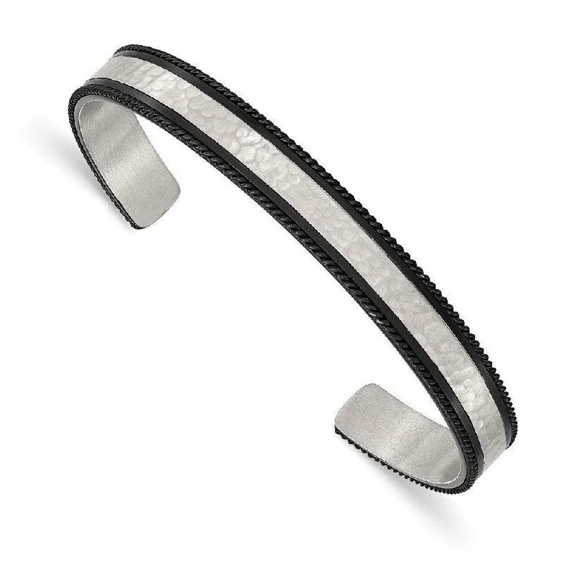 Ladies charm bracelets-Stainless Steel Brushed Polished & Hammered Black IP Wire Edge Bangle