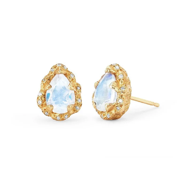 Ladies pearl earrings-Micro Queen Water Drop Moonstone Studs with Sprinkled Diamonds