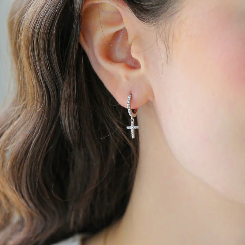 Ladies gold dangle earrings-BELIEVER - Sterling Silver & Zirconia Cross Earrings