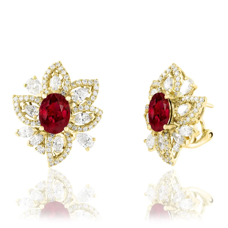 Ladies amethyst earrings-Statement Ruby Floral Earrings in 18k Yellow Gold