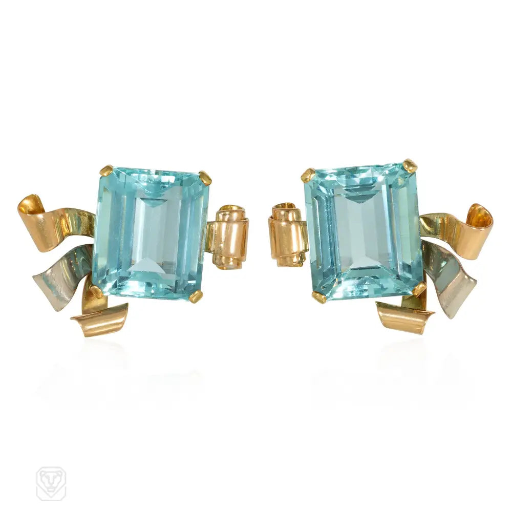 Ladies elegant earrings-Retro aquamarine three-color gold earrings