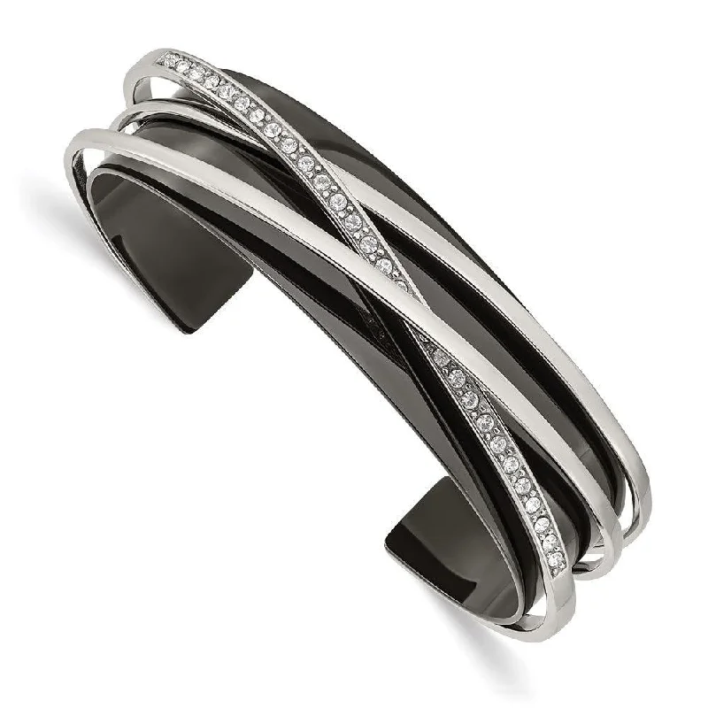 Ladies sterling silver bracelets-Stainless Steel Polished Black IP-plated w/Swarovski Layered Cuff Bangle