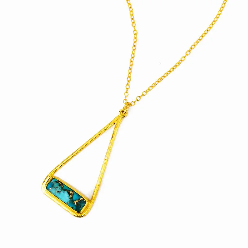 Ladies luxury diamond necklaces-Adira Series | Copper Turquoise Bar in Triangle Pendant Necklace, Sterling Silver or Gold Fill, Boho Chic Frame Necklace for Women, December Birthstone