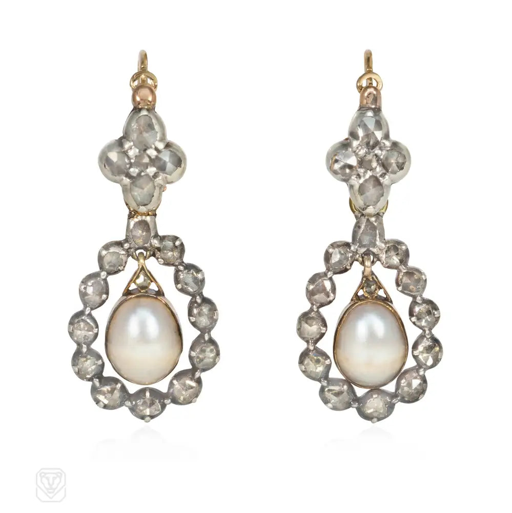 Ladies silver diamond earrings-Antique pearl and diamond drop pendant earrings