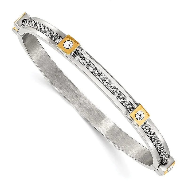 Ladies adjustable bracelets-Stainless Steel Polished Yellow IP-plated w/Preciosa Crystal Hinged Bangle