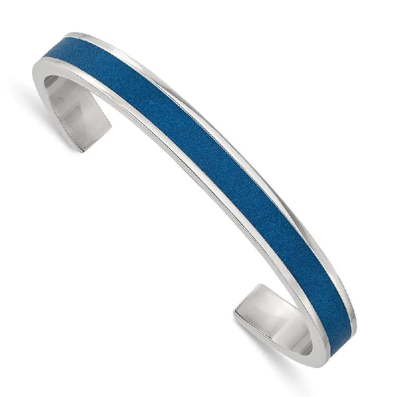 Ladies gemstone bracelets-Stainless Steel Polished Blue Leather Inlay 8mm Cuff Bangle