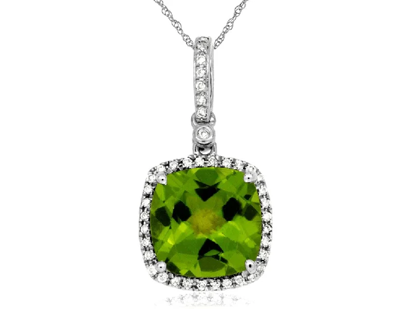 Ladies silver necklaces-14K White Gold Peridot with Diamond Halo Necklace