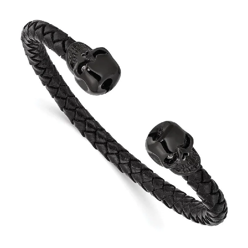 Ladies friendship bracelets-Stainless Steel Polished Black IP with Crystal Genuine Leather Cuff Bangle