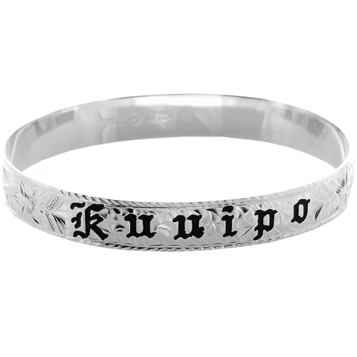 Ladies enamel bracelets-Sterling Silver Custom-Made Plumeria King Scroll Black Enamel Letter Smooth Edge Bangle (Heavy 1.75)