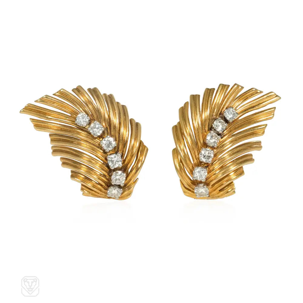 Ladies beaded earrings-Van Cleef & Arpels Mid-Century diamond and gold leaf earrings