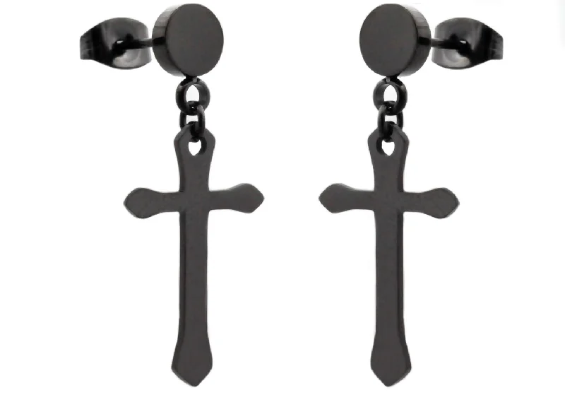 Ladies elegant earrings-Mens Black Stainless Steel Cross Earrings