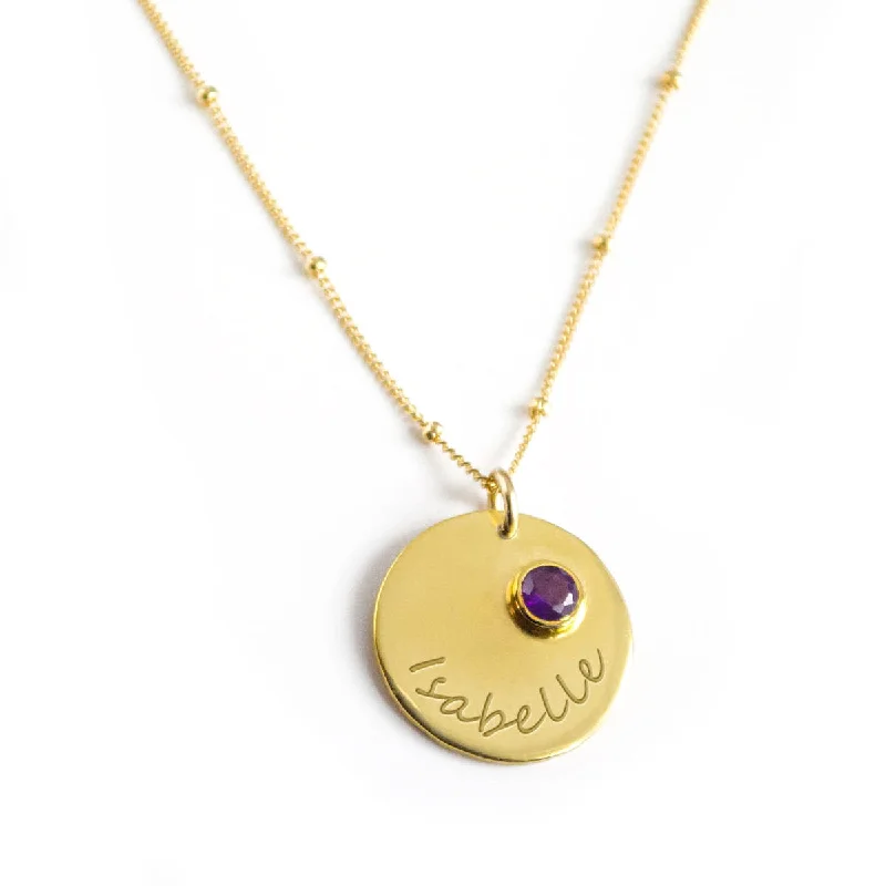 Ladies dainty gold necklaces-February Engraved Disk Pendant Necklace