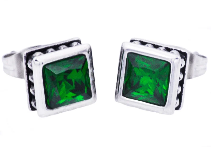 Ladies birthstone earrings-Mens 13mm Stainless Steel Stud Earrings With Green Cubic Zirconia