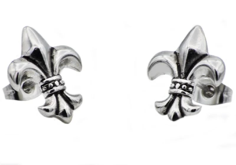 Ladies stud and hoop earrings-Mens 14mm Stainless Steel Fleur De Lis Stud Earrings