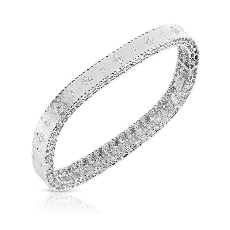 Ladies dainty bangles-Satin Finish Slim Bangle with Fleur de Lis Diamonds