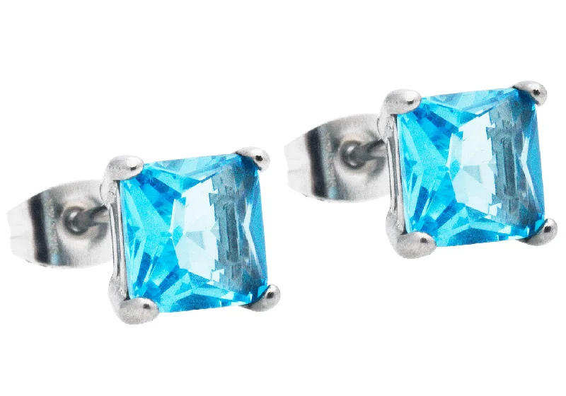 Ladies flower earrings-Mens 7mm Blue Cubic Zirconia Stainless Steel Square Stud Earrings