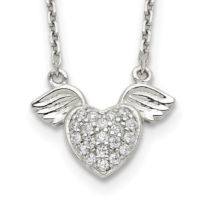 Ladies statement gemstone necklaces-Sterling Silver Cubic Zirconia 16-inch Heart Wings Necklace