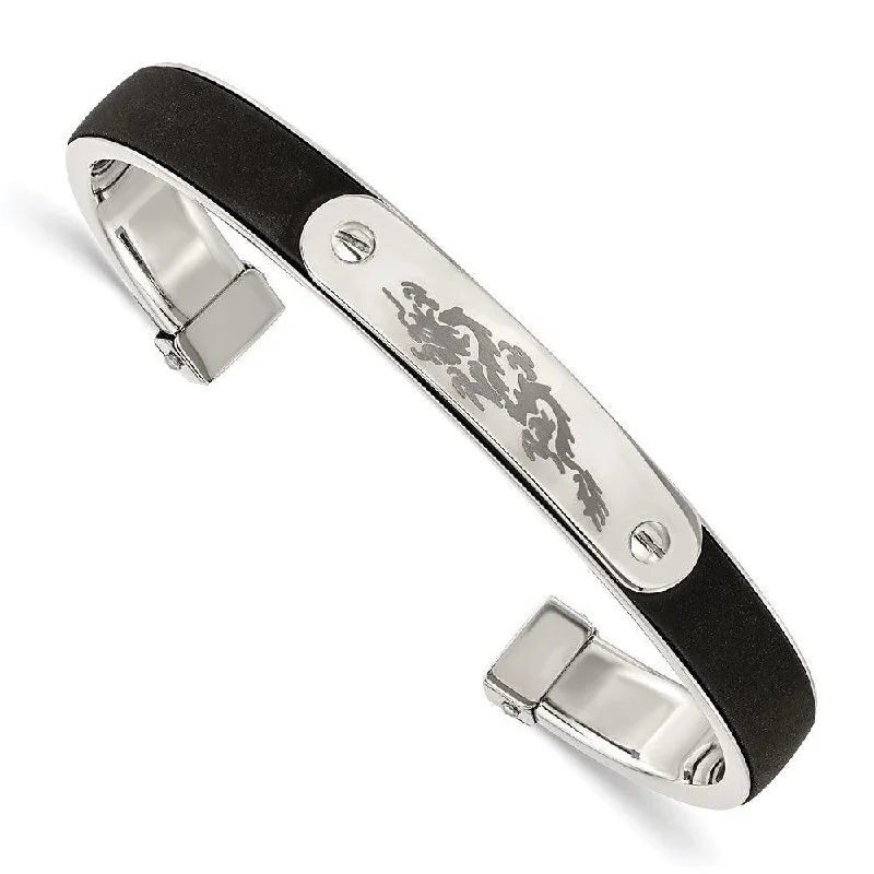 Ladies engraved bracelets-Stainless Steel Black Rubber Cuff Bangle