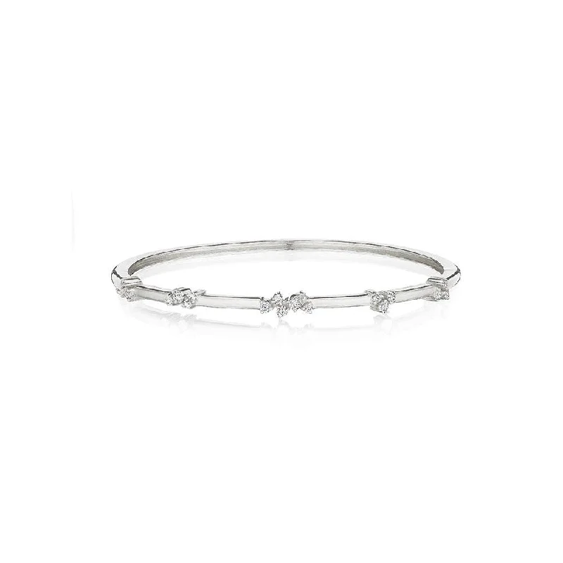 Ladies sterling silver bracelets-Diamond Cluster Station Bangle