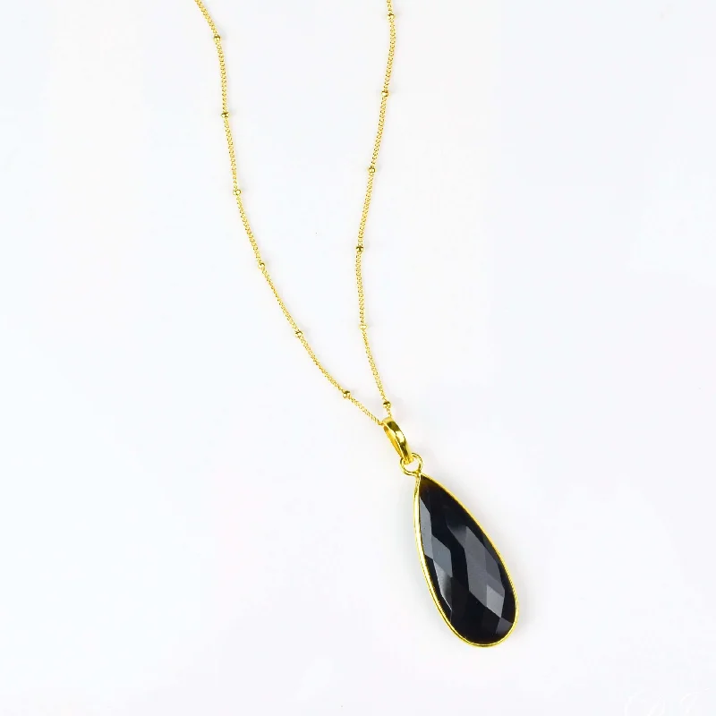 Ladies long pendant necklaces-Black Onyx Elongated Teardrop Pendant Necklace