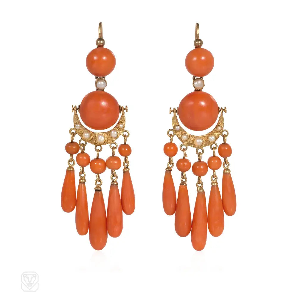 Ladies clip-on earrings-French antique coral and pearl fringe pendant earrings