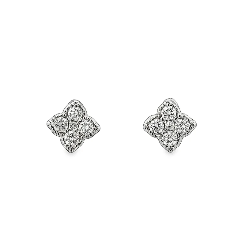 Ladies elegant stud earrings-Quatrefoil Diamond Stud Earrings in White Gold