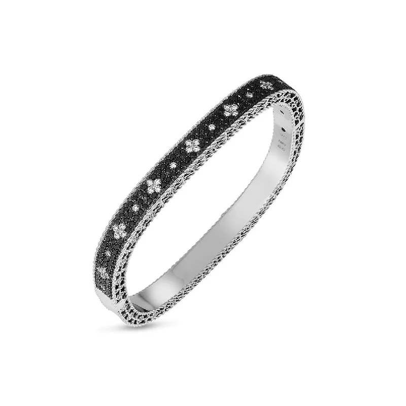 Ladies crystal bracelets-Slim Bangle with Black and White Fleur De Lis Diamonds