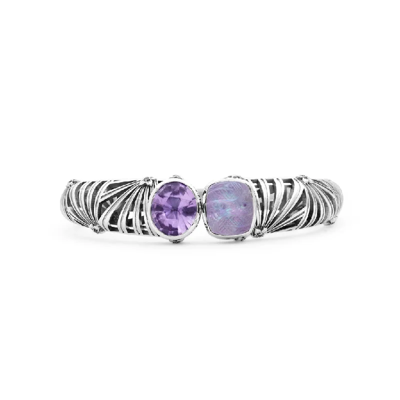 Ladies thick bangles-Carventurous Faceted Amethyst Hand Carved Natural Quartz Mother Of Pearl And Amethyst Open And Close Bangle In Sterling Silver