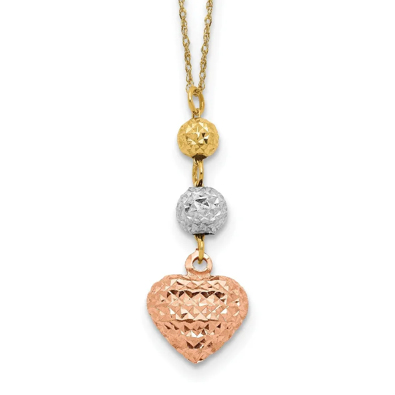 Ladies modern geometric necklaces-14KT Gold Tri-Color 16-inch+2-inch extender Beads and Hearts Necklace