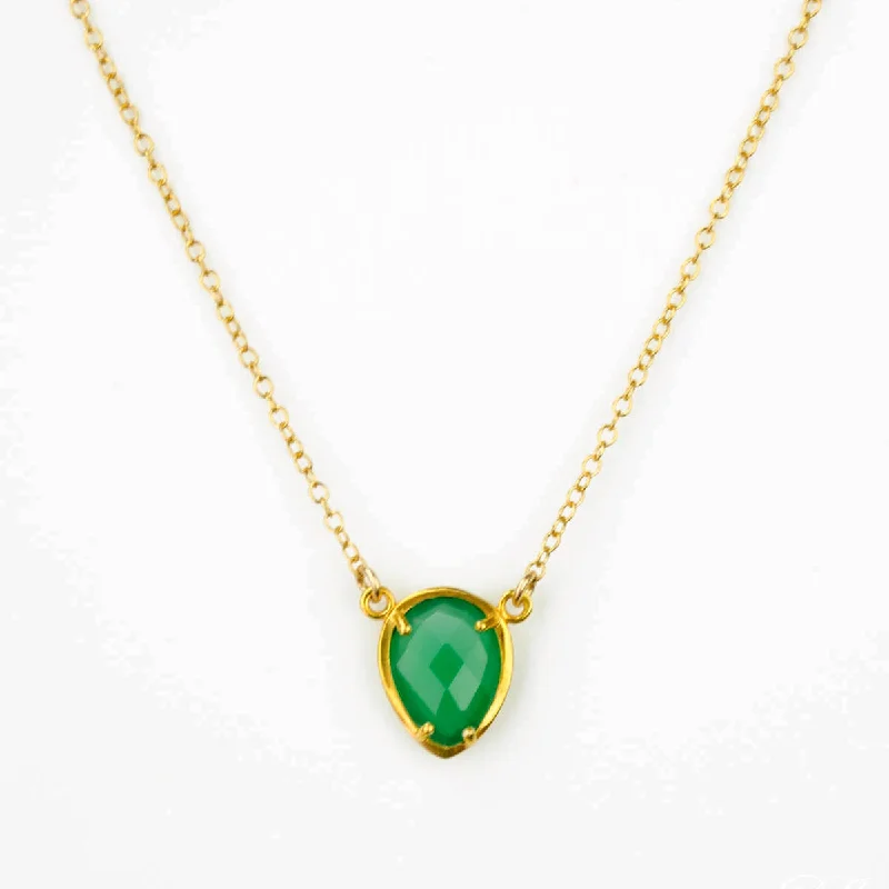 Ladies birthstone necklaces-Green Onyx Upside Down Teardrop Station Necklace