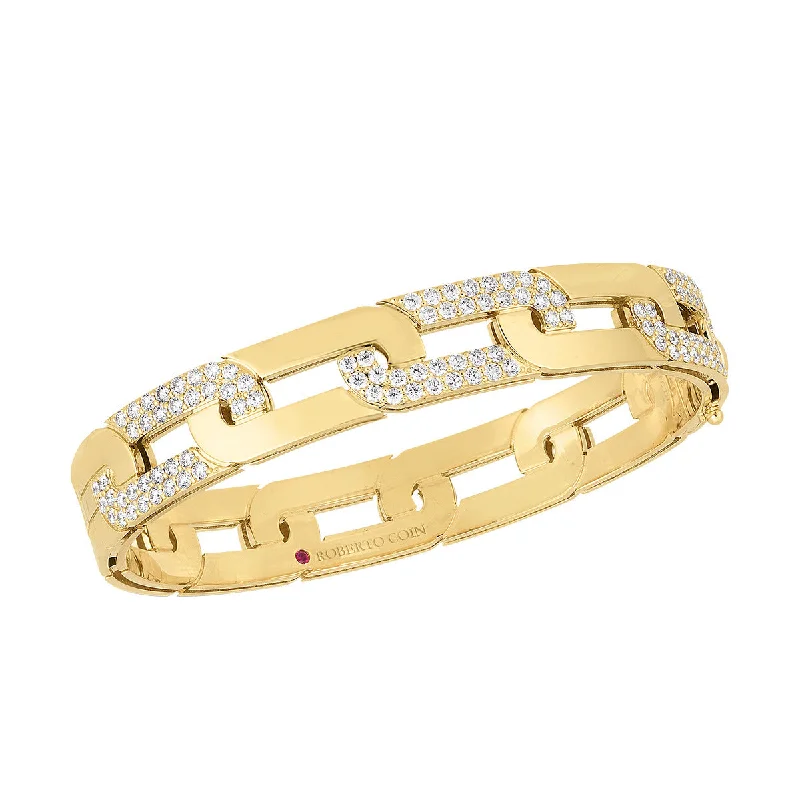 Ladies open cuff bracelets-18K Yellow Gold Navara Large Alternating Diamond Link Wide Bangle