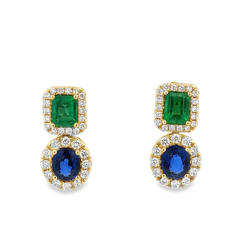 Ladies butterfly stud earrings-Emerald, Sapphire, and Diamond Earrings in Yellow Gold