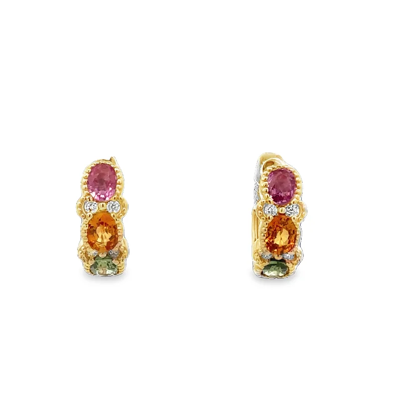 Ladies ear thread earrings-Multicolored Sapphire and Diamond Hoop Earrings in Yellow Gold