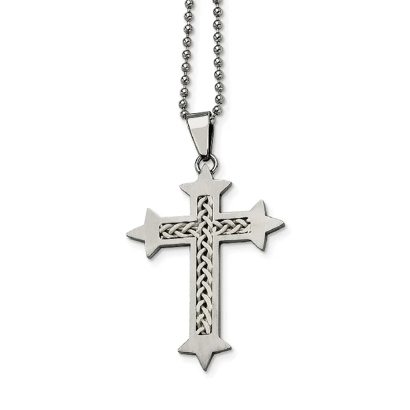 Ladies crystal chain necklaces-Stainless Steel Silver Inlay Cross Pendant 24in Necklace