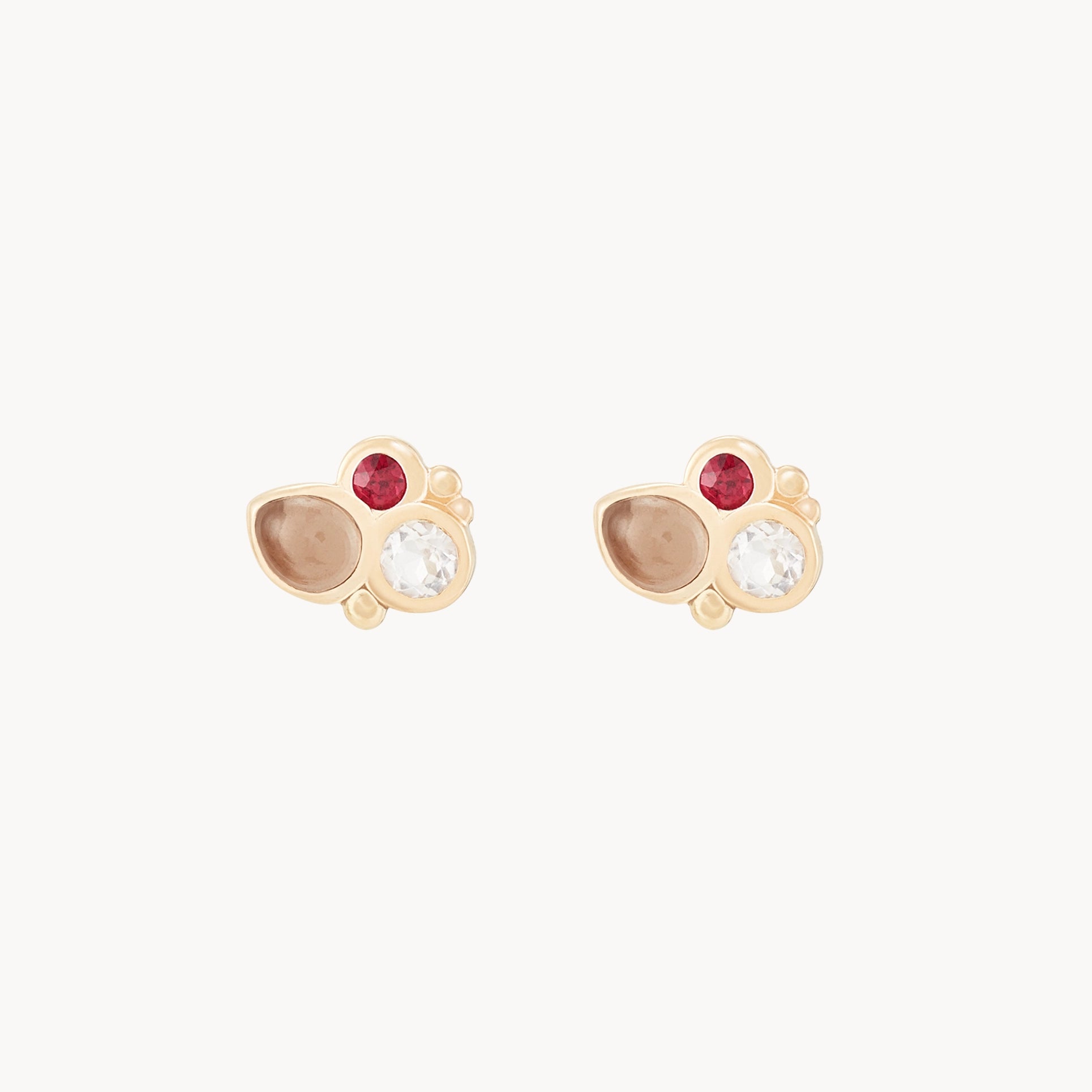 Ladies trendy earrings-fire element stud earring - 14k yellow gold, natural gemstones