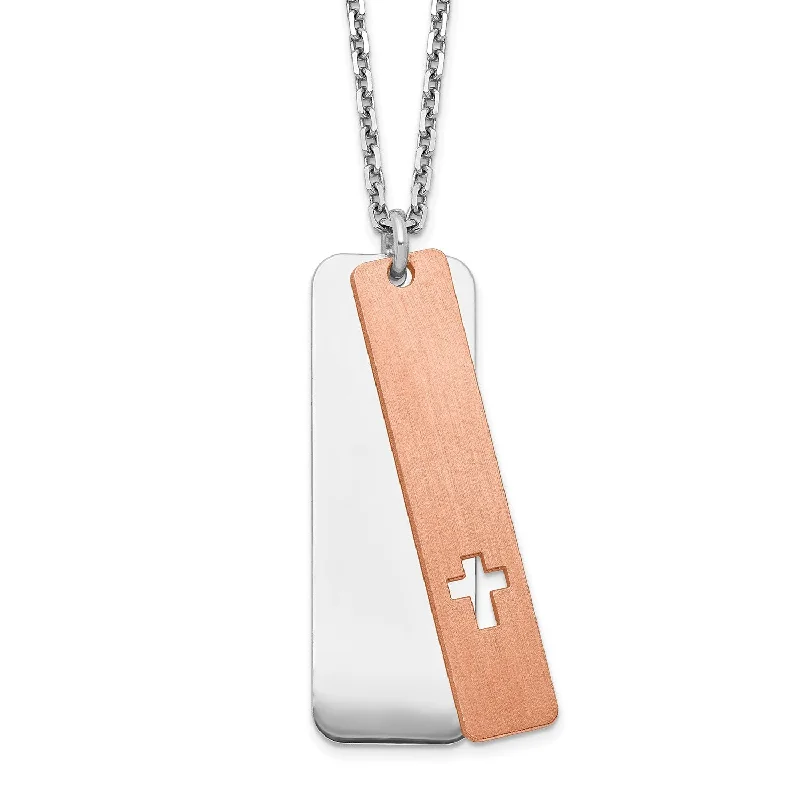 Ladies long necklaces-Sterling Silver 18-inch Cross Dog Tag Two-Tone Necklace