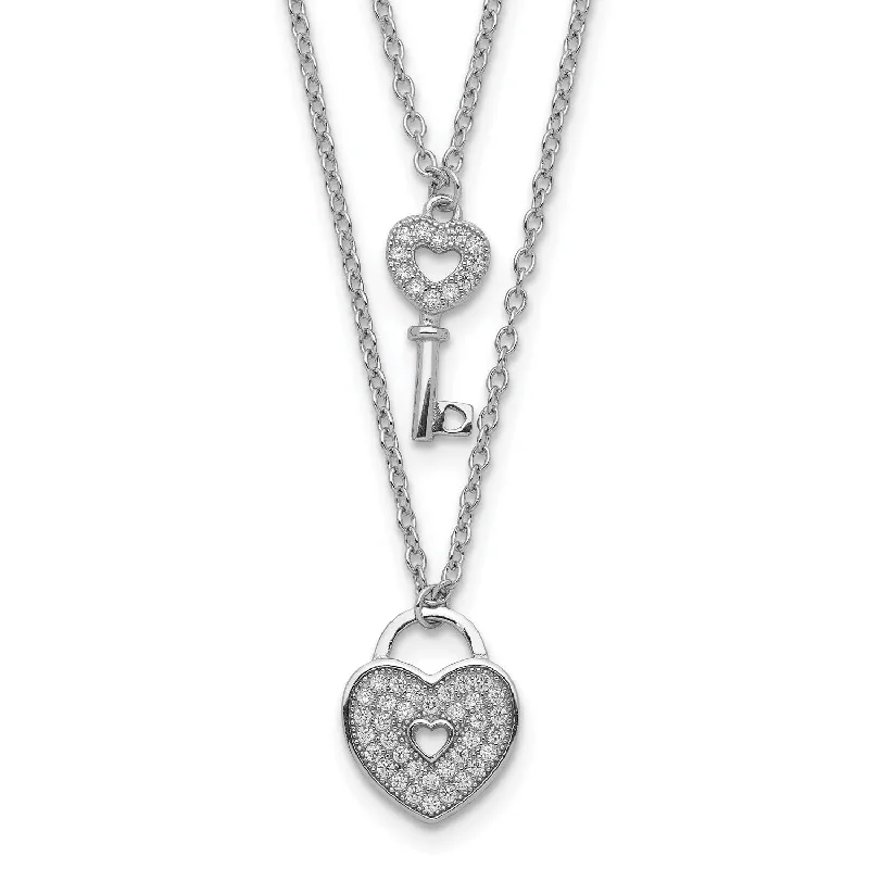 Ladies infinity symbol necklaces-Sterling Silver Cubic Zirconia 18-inch Heart 2-Layer Lock and Key Necklace