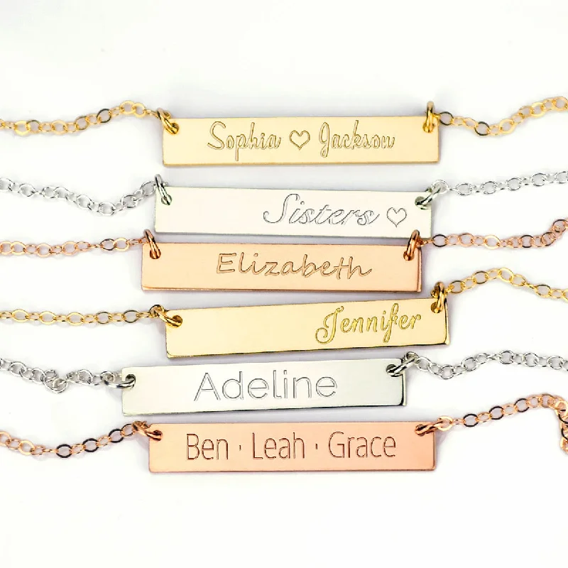 Ladies three-stone necklaces-Large Engraved Bar Necklace