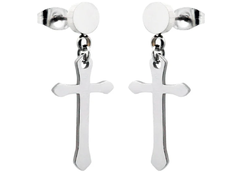 Ladies oval earrings-Mens Polished Stainless Steel Cross Earrings