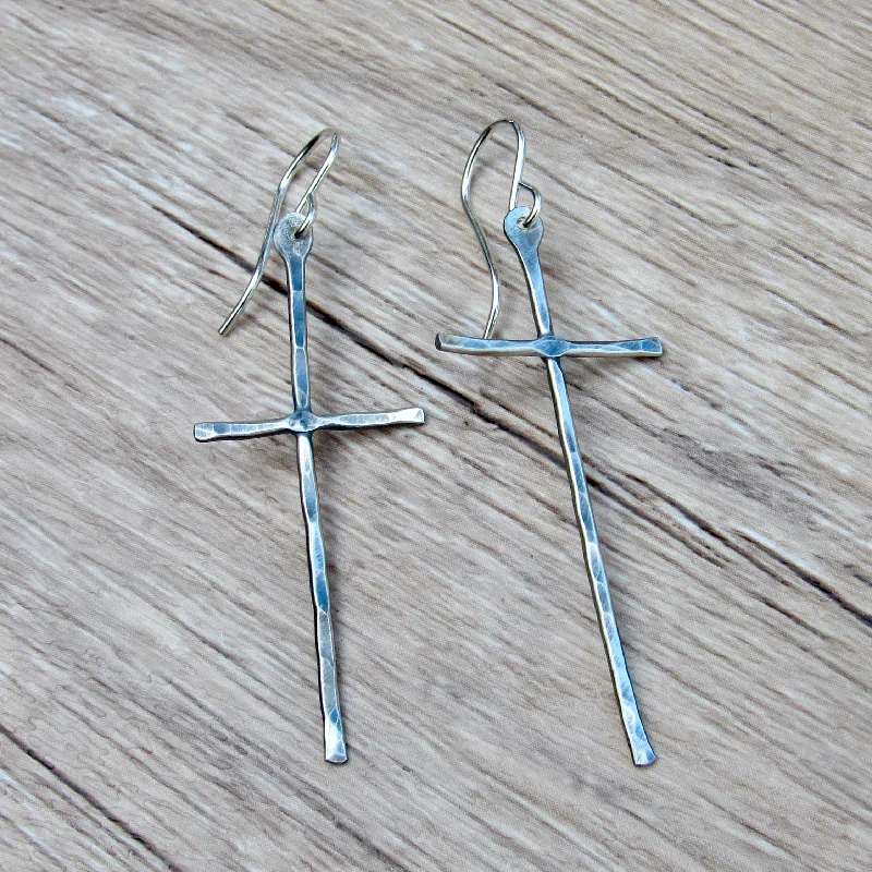 Ladies fine silver earrings-Rustic Cross Earrings in Multiple Sizes