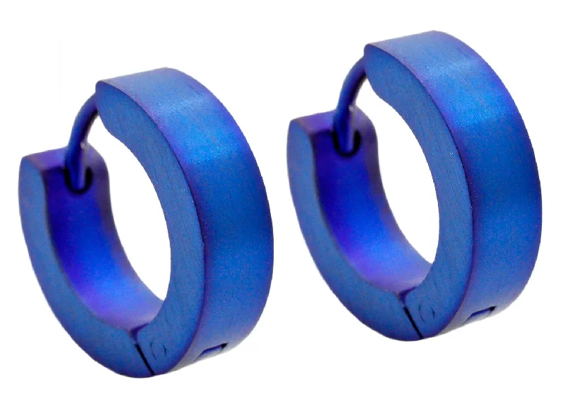 Ladies double drop earrings-Mens 14mm Blue Plated Stainless Steel Hoop Earrings